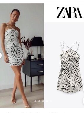 ZARA White and Black Zebra Print Slip Dress